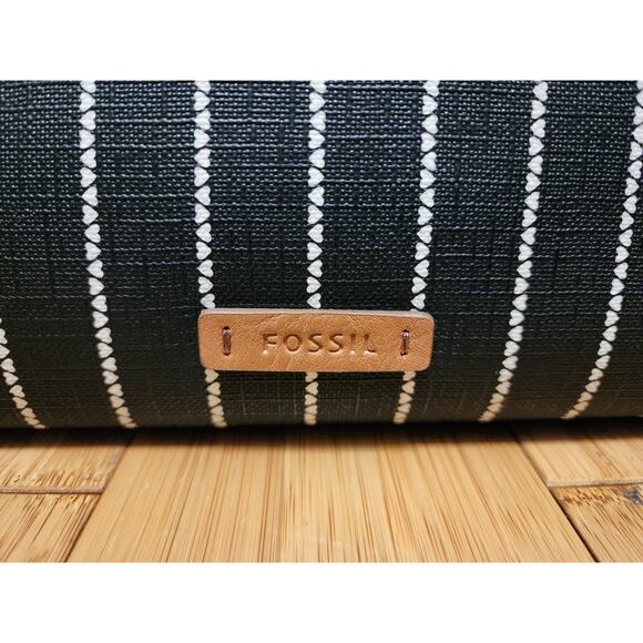 Fossil Women's Rachel Leather Printed Tote Bag Medium Black White Handbag Charm - Picture 2 of 16